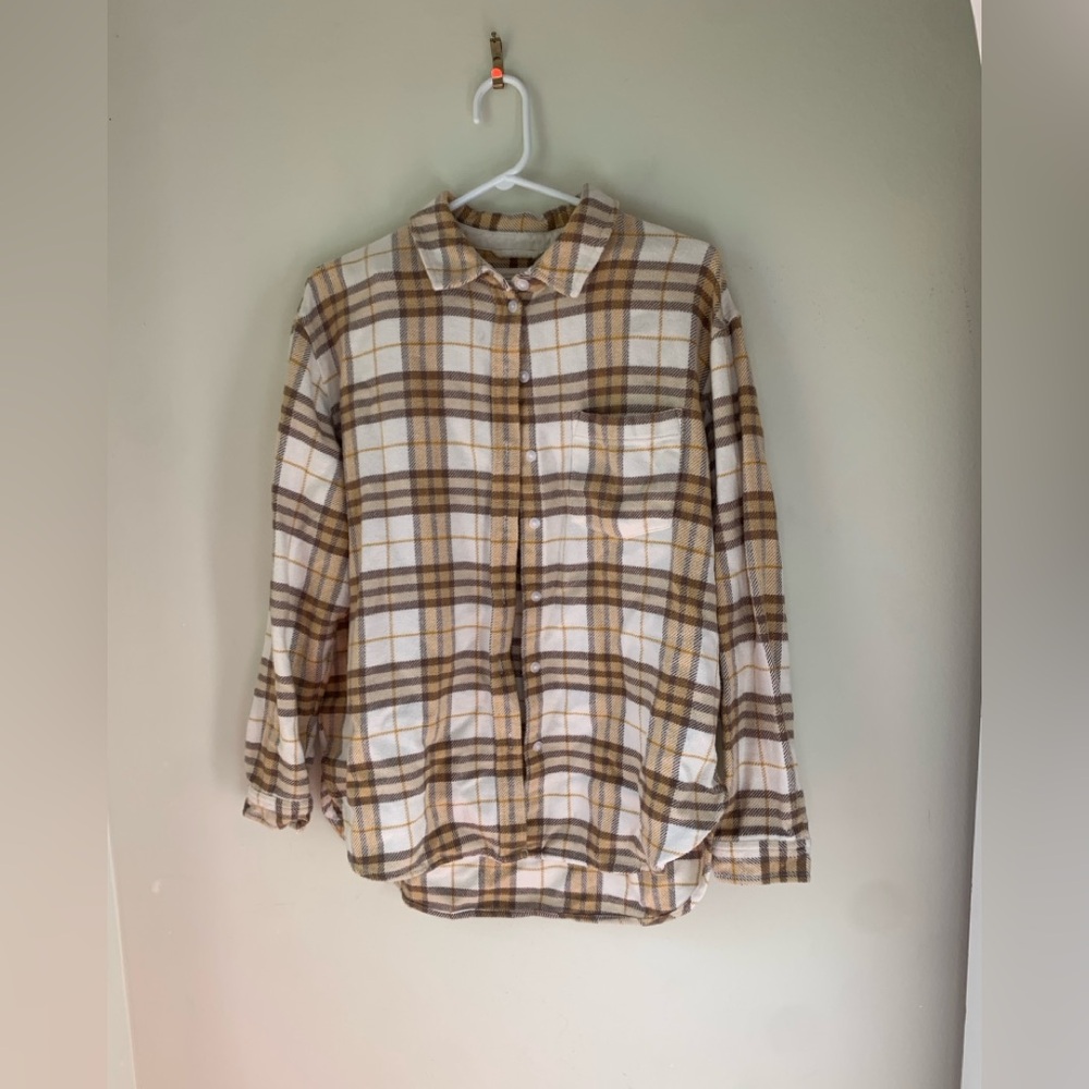 American Eagle Outfitters Yellow and Brown Plaid Flannel Shirt Sweater